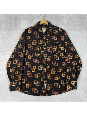 BC Ethic Geo Print Button Up Shirt USA Made Size L Vintage Pattern Retro Silky